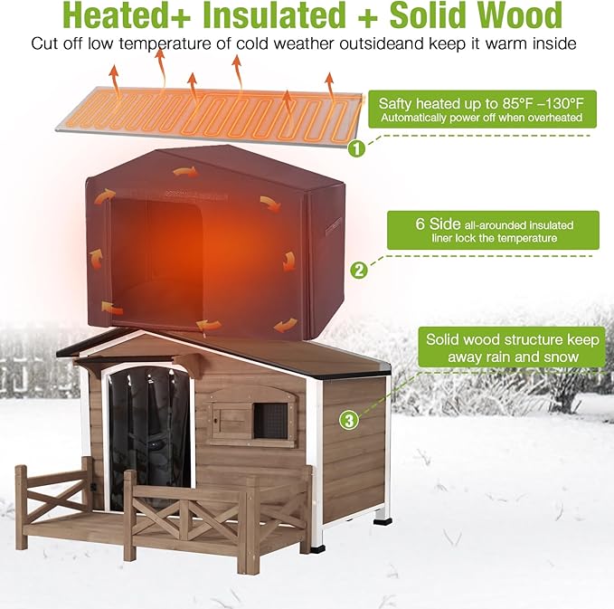 GUTINNEEN Heated Dog House Outdoor Dog Kennel with Safe Heated Pad, Chew-Proof Metal Frame and Rotating Food Bowl for Small to Medium Dogs, 44.6" L x 41.1" W x 32.9“H (Dark Brown)