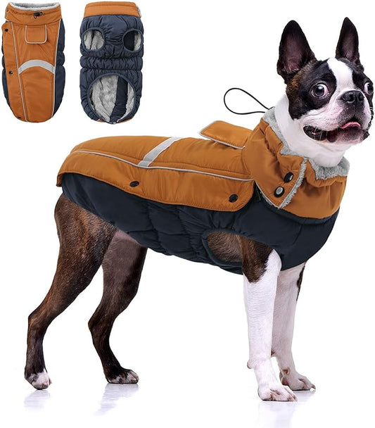 Queenmore Waterproof Dog Coat for Small Dogs,Reflective Windproof Dog Jackets with Leash Hole,Winter Dogs Coat with Zipper On Back,Warm Snowsuit with Fleece Lining（Brown,XS
