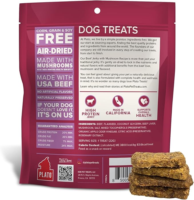 PLATO Pet Treats Jerky Dog Treats - Air-Dried Jerky for Dogs - Delicious, Real Meat Dog Treats - Grain Free - Supports Healthy Digestion - Beef Jerky with Mushroom 7oz