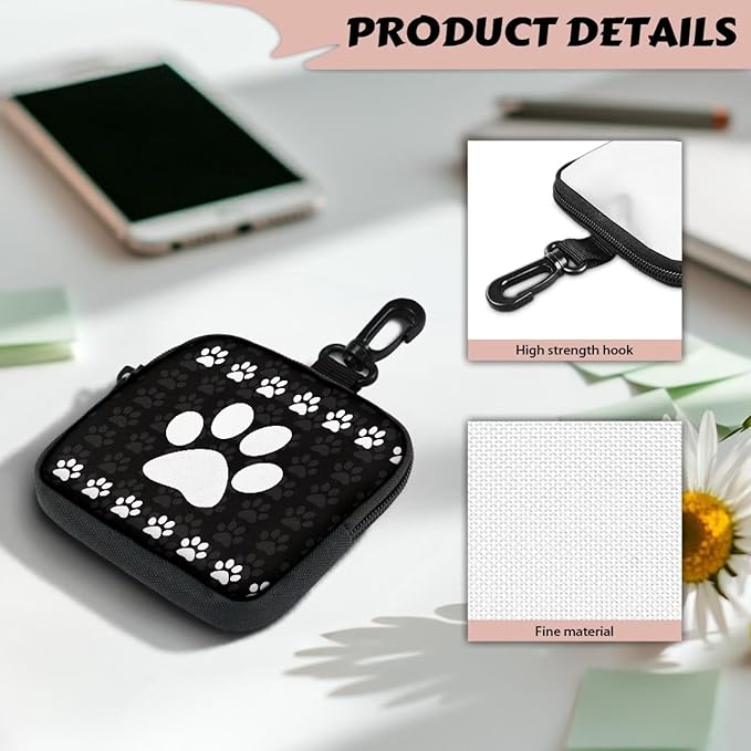 KEIAHUAN White Paw Print Dog Treat Pouch Small Training Bag Portable Dog Treat Bag with Zipper Closure and Carabiner Hands Free Pet Treat Bags Training Pouch Mini Wallet, Black