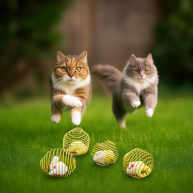 Jecery 5 Pcs Halloween Cat Spring Balls Toys Stretchable Rolling Balls Colorful Playful Coils Interactive Spring Action Toy Caged Rats for Kitten Cat Pet Supplies(Yellow Mouse,Yellow,5 Pcs)