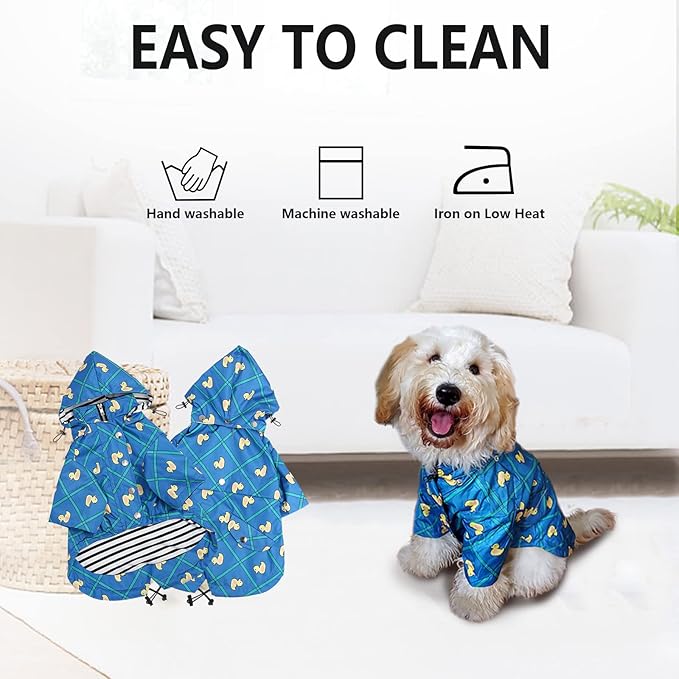 Dog Zip Up Raincoat with Reflective Buttons, Rain/Water Resistant, Adjustable Drawstring, Removable Hood, Raincoats with Legs 8lbs to 80lbs Available - Grid Blue - Large