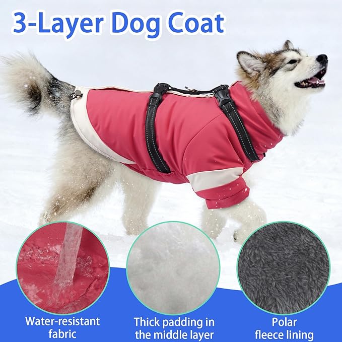 MIGOHI Dog Coat with Harness Built in, 2-in-1 Thermal Dog Winter Coat, Windproof Reflective Jacket with High Collar for Medium Dogs, Easy On Back Zipper, Cocker Spaniels, Pink, L