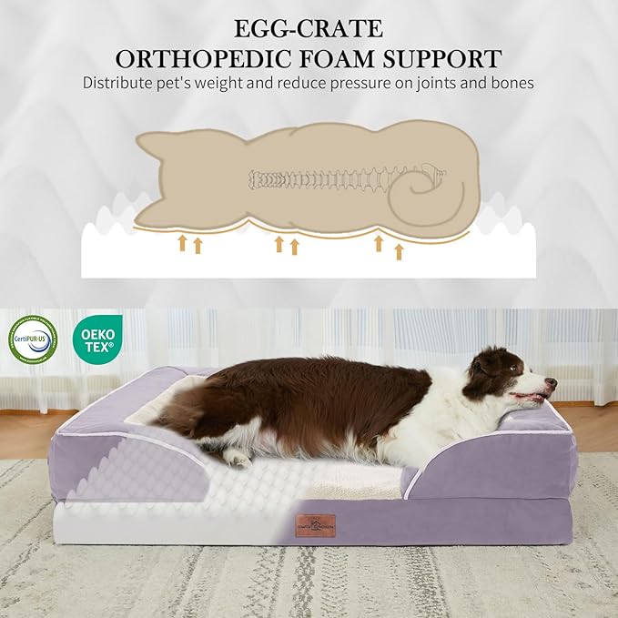 Comfort Expression Orthopedic Dog Bed for Small Dogs 24x16 Inch, Waterproof Supportive Egg Crate Foam Small Pet Bed with Removable Bolsters, Dog Couch with Washable Cover & Non-Slip Bottom, Purple