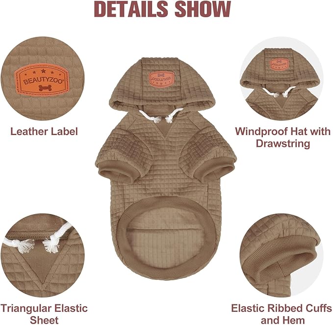 BEAUTYZOO Small Dog Hoodie Sweater with Pockets, Dog Clothes for Small Medium Dogs Boy Girl, Waffle-Like Laminated Cotton Pet Coats with Hat and Leash Hole, Khaki S