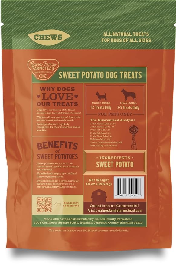Gaines Family Farmstead Sweet Potato Chews for Dogs - 32 oz Bag, Single Ingredient, Sweet Potato Dog Treats, High Fiber, Grain-Free, Rawhide Alternative, Vitamin-Rich, Made in USA