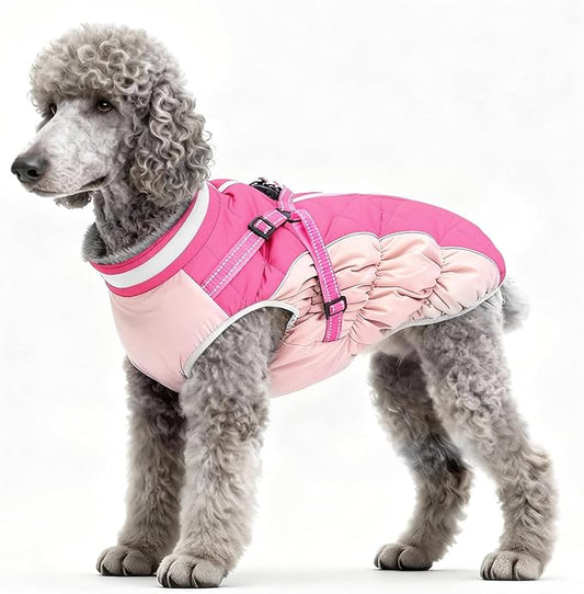 Dog Winter Coat with Harness, Dog Jacket, Pet Clothes with Zipper on Back, Waterproof Windproof Warm Vest, Reflective Cold Weather Coats, for Small Medium Large Dogs, Thick, Pink, L