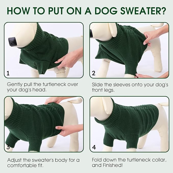 Dog Sweaters for Large Dogs Classic Turtleneck Dog Christmas Sweater Thick Warm Pullover Male Puppy Pet Stretch Knitwear Fall Winter Clothes with Leash Hole(Green, 2XL)