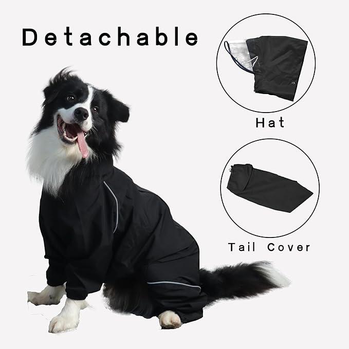 Dog Raincoat for Medium Large Dogs,rain Jacket Coat, Full Leg Coverage Waterproof Rain Suit with Detachable Hood & Tail, Reflective Strips, Snag-Free Top Zipper (Black for Girl, X-Small)