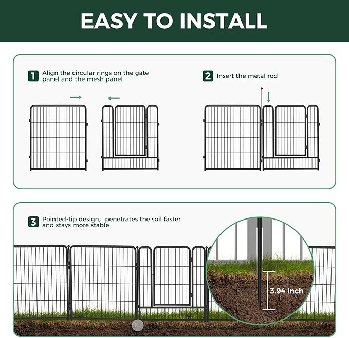 FXW Garden Fence Outdoor for The Yard – 24in(H) x 11.4ft(L) Heavy Duty Metal Animal Barrier for Dog and Rabbit, Decorative Dog Fence, 6 Panels, Black