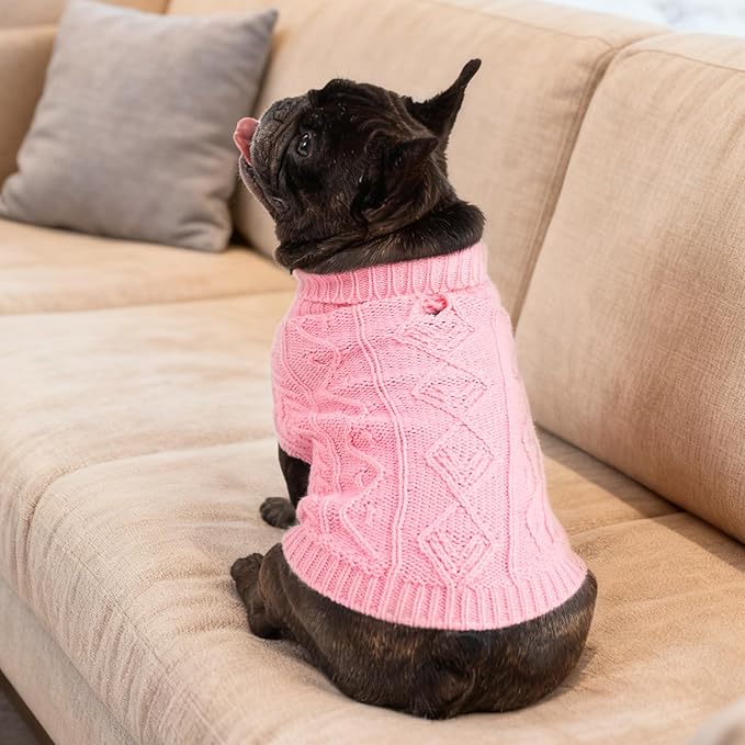 PUPTECK Dog Sweater, Turtleneck Warm Knitted Pullover Coat, Thick Cable Knitwear Clothes in Winter, Pet Apparel Outfits for Small Medium Dogs, for Cold Weather Indoor & Outdoor, Pink SM