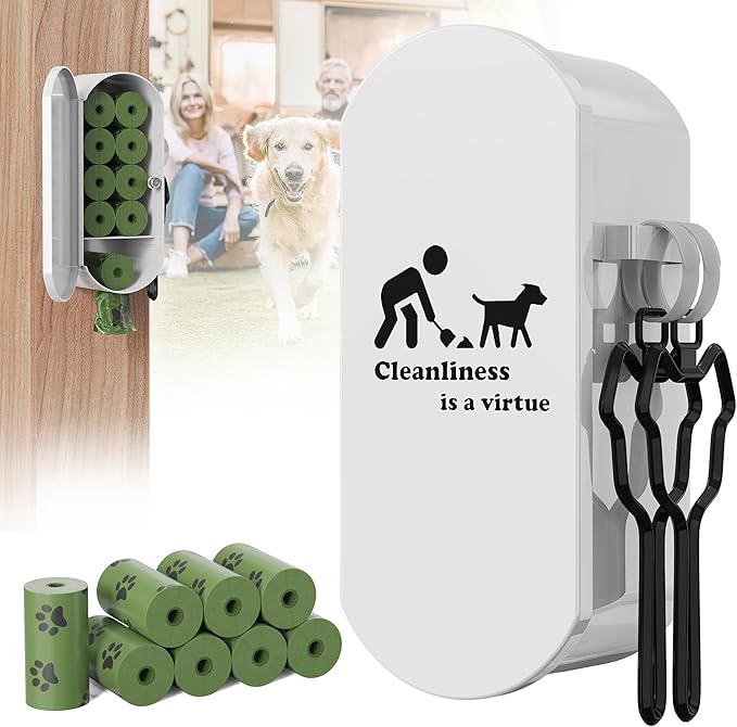 Dog Poop Bag Dispenser Wall Mount with 2Pcs Holders and 8 Rolls of Waste Bag,Magnetic Door Closure,Metal, Corrosion-resistant,High capacity,Suitable for Outdoor, Indoor, Raising Puppies,White
