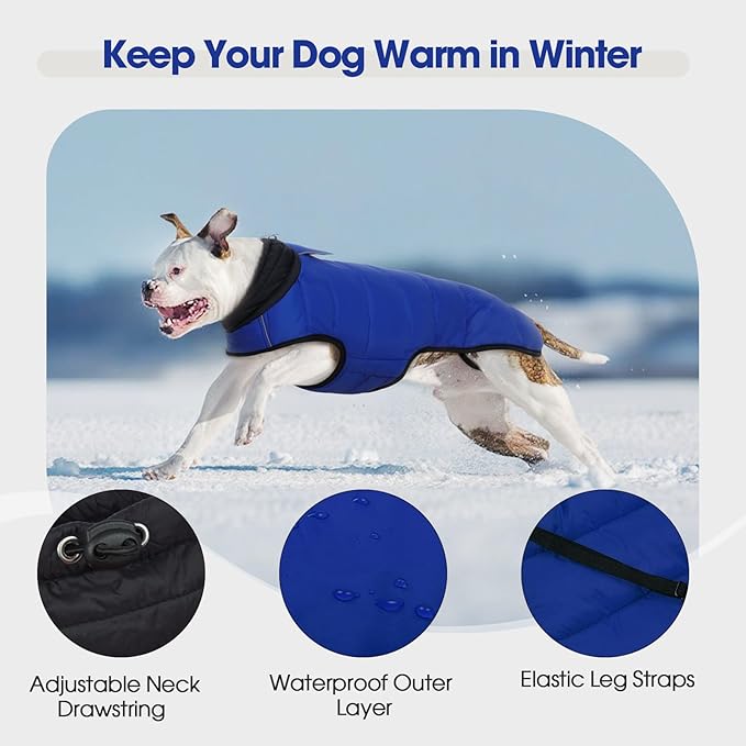 IDOMIK Dog Winter Coat, Warm Waterproof Dog Puffer Jacket with Harness Hole, Adjustable Reflective Snow Jacket Vest with Turtleneck, Pet Cold Weather Coats for Large Dogs,Blue,L
