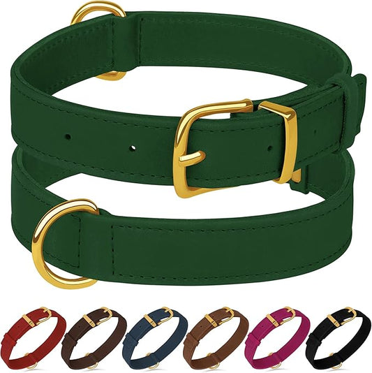 Leather Dog Collar - Heavy Duty Adjustable Soft Padded Pet Collars for Small Medium Large Dogs Breed - Black Green Brown Pink Red Blue (Green, L, 15"-19" Neck Fit)