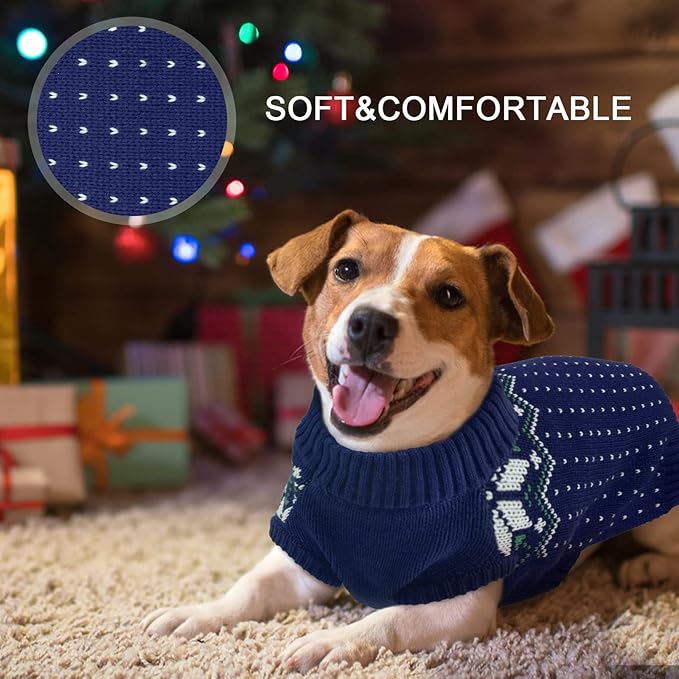 Kuoser Dog Sweater, Holiday Christmas Snowflake Pet Warm Knitwear Dog Sweaters Soft Puppy Clothing, Doggie Turtleneck Cold Weather Outfit Pullover for Small Medium Large Dogs Cats, Blue 2XL