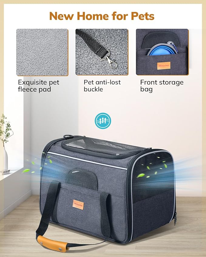 Morpilot Cat Carrier - Cat Carrier Soft for Medium or Large Cats up to 20lbs, with Dual-Sided Cushion, Secure Buckle and Foldable Bowl, Dog Carriers for Small Dogs - Pet Carrier (Dark Gray)