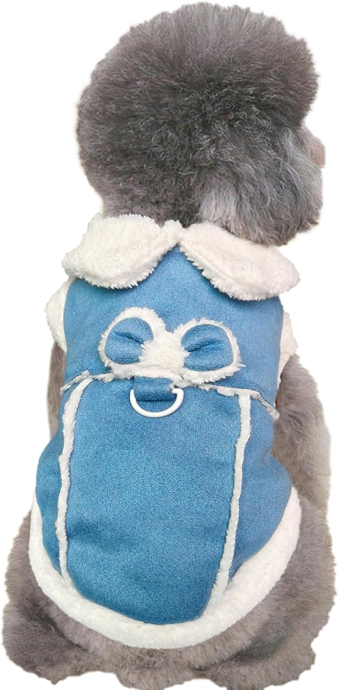 Jecikelon Bowtie Dog Cold Weather Coat Fleece Lining Warm Pet Puppy Turtleneck Dogs Winter Clothes for Small Dogs with D-Ring (Blue, X-Large)