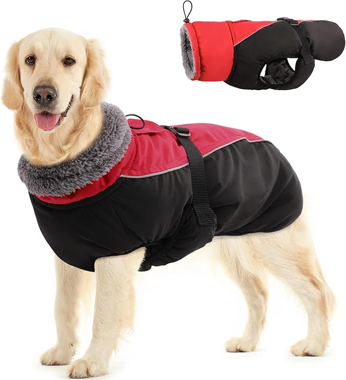 IDOMIK Dog Winter Coat, Reflective Waterproof Dog Jacket for Cold Weather, Warm Pet Coats for Small Medium Large Dogs, High Collar Doggy Fleece Snow Jacket, Winter Vest with Adjustable Buckle,L