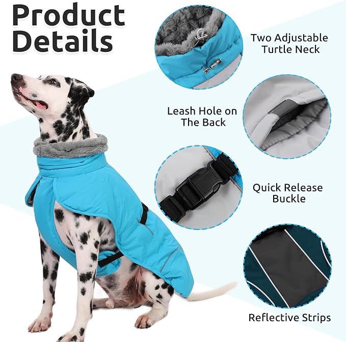 Queenmore Dog Winter Jacket, Fleece Lining Pet Vests for Winter, Dog Cold Weather Coats, Dogs Coat for Medium Puppy Waterproof, Pet Snowsuit with Leash Hole, Blue, M
