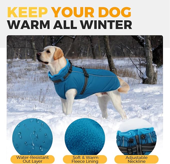 Lelepet Waterproof Dog Jacket with Harness Built in Warm Dog Winter Coat, Reflective Windproof Fleece Jacket, Dogs Coats for Lage Dogs, Thermal Pet Snowsuit for Cold Weather, French Bulldogs, Blue, L