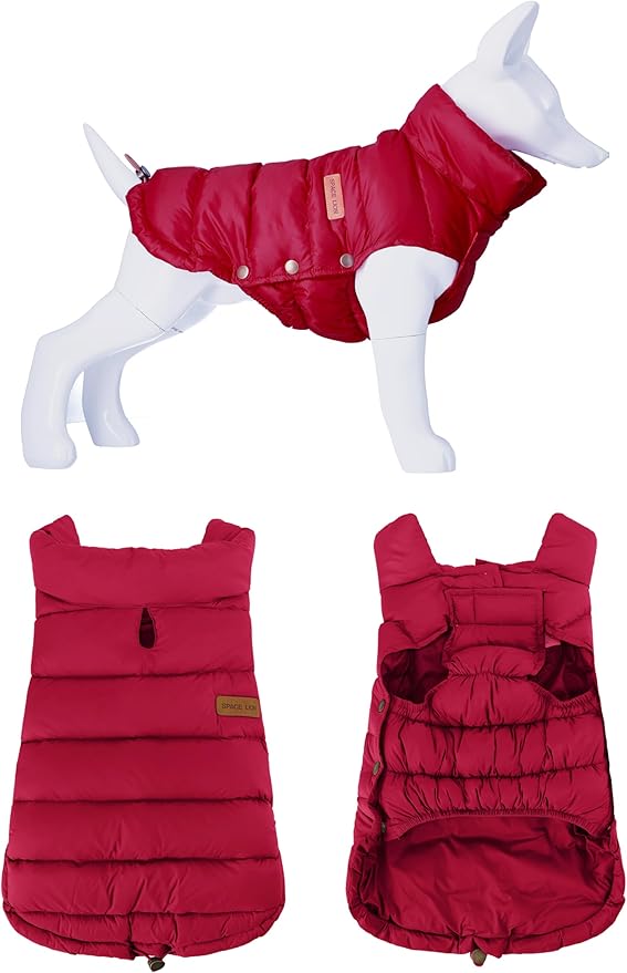 SPACE LION Dog Puffer Jacket, Down Winter Coat, Durable Outdoor Coat for Cold and Windy Conditions, Waterproof, Lightweight Jacket, Adjustable Fit for Small, Medium, Large Dogs(Red,14/L)