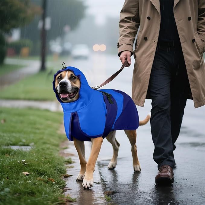 BRKURLEG Dog Raincoat Adjustable Dog Rain Jacket with Hood Dogs Waterproof Rainproof Jacket with Leash Hole Pet Poncho Rain Coat Poncho with Reflective Strip, Blue, L
