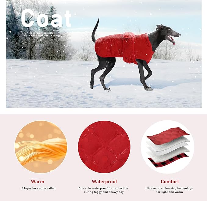PAWZ Road Dog Winter Coat with 5 Layers Warm Material, Reversible Dog Clothes with 2 Sides, Dog Jacket Outdoor Water Repellent, (Red Plaid 2XL)