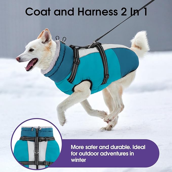 SUNFURA Dog Coat, Warm Dog Jacket with Harness Built in, Waterproof Pet Winter Coat Snowsuit with Zipper, Reflective Fleece Jacket for Extra Large Dogs, Weimaraner, Turquoise XXL