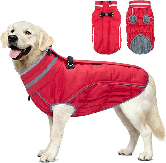 Malier Dog Coat, Reflective Dog Jacket Waterproof Windproof Puppy Cold Weather Coats with Harness Built in, Winter Extra Warm Pet Coat Fleece Vest for Small Large Pets and Puppy (Red, XX-Large)