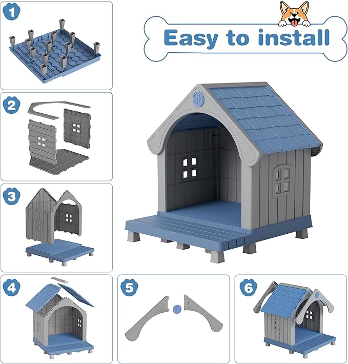 Dog House Outdoor Indoor Weatherproof for Small Medium Dogs, Durable Plastic Pet House with Porch, Sloping roof and Elevated Floor, Easy Cleaning and Assemble(Blue, 32.95"L×31.5"W×37.88"H)