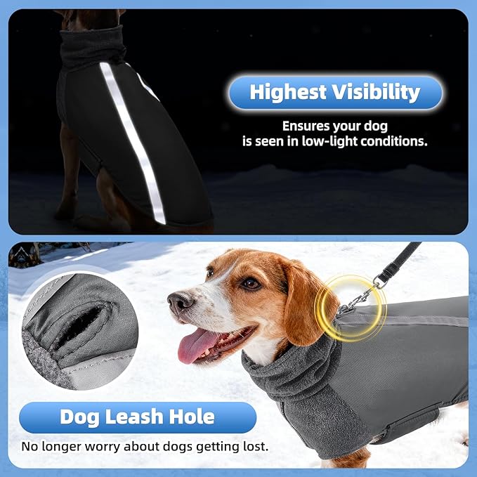 SlowTon Winter Dog Coat, Warm Polar Fleece Lining Doggie Outdoor Jacket with Turtleneck Scarf Reflective Stripe Adjustable Waterproof Windproof Puppy Vest Soft Pet Outfits (XL,Grey)