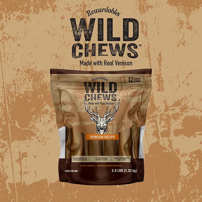 | Wild Chews | Venison Recipe, Made with Real Venison, Limited Ingredient, Long Lasting Chews for Large Dogs | 12 Count