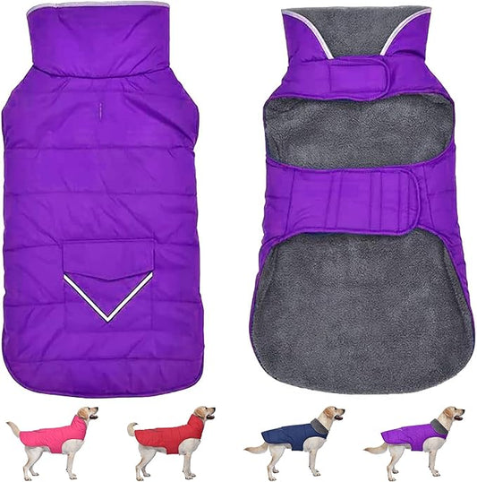 Dog Coat, Waterproof Dog Winter Jacket with Pocket, Reflective Adjustable Pet Snow Vest, Warm Cozy Fleece Sweater for Small Medium Extra Large Dogs - Purple, 2XL