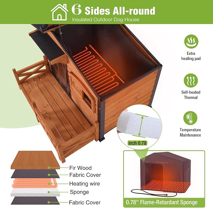 GUTINNEEN Large Heated Dog House Outdoor Dog Kennel Safe Winter Shelter with Thermostat-Controlled Heating Pad, Chew-Proof Metal Frame and 6-Sided Insulated Liner for Small to Large Dogs (Brown)