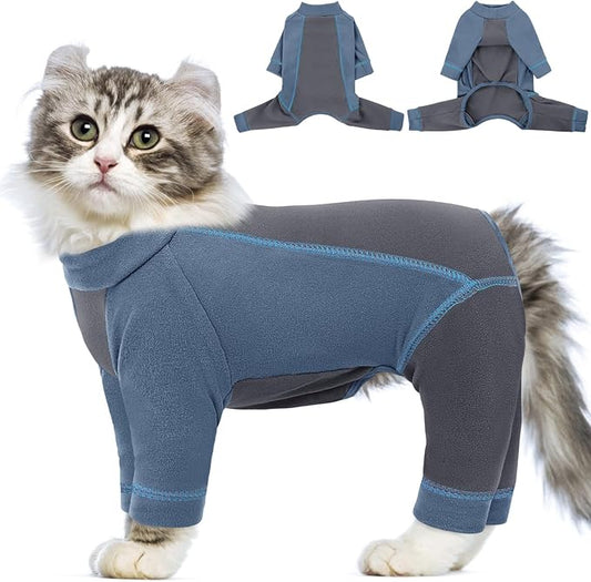SUNFURA Hair Sticky Cat Clothes, Cat Sweater for Cats Only, 4-Legged Fleece Sweaters Kitten Pajamas Reduce Shedding Fur, Warm Pullover Shirts for Cats, Blue S