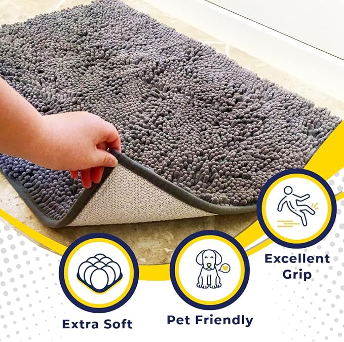 Muddy Mat® Shown on TV Super Absorbent Microfiber Dog Door Mat for Muddy Paws, Non-Slip Washable Pet Rug, Quick Dry Chenille Entryway Carpet, Machine Washable Indoor Outdoor mat, Grey 30"x19"