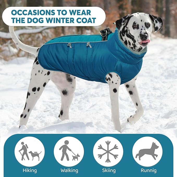 IDOMIK Warm Dog Coat with Harness, Waterproof Reflective Dog Jackets for Small Medium Large Dogs, Fleece High Collar Winter Jacket with Zipper, Pet Winter Snowsuit Clothes for Cold Weather,Blue L