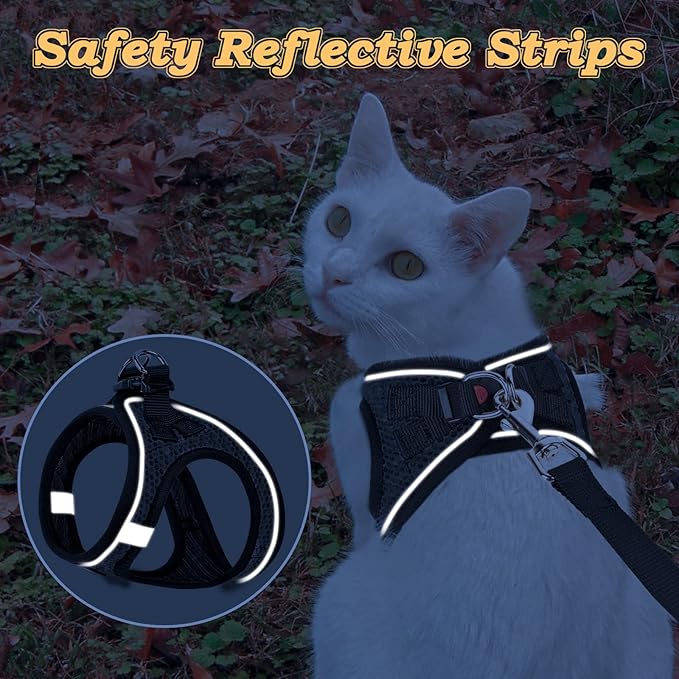 Cat Harness and Leash for Walking Escape Proof, Adjustable Kitten Vest Harness Reflective Soft Mesh Puppy Harness for Outdoor, Comfort Fit, Easy to Control (Black, L)