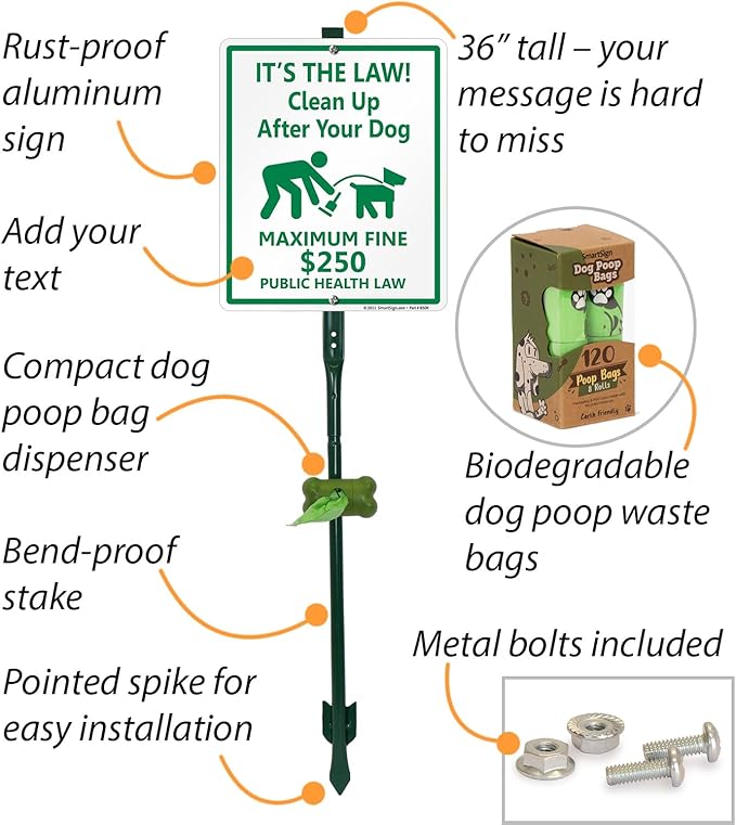SmartSign It’s Law Clean Up After Your Dog Maximum Fine $250 Yard Sign & Clip-On Preloaded Dispenser Combo/Kit with 135 Dog Poop Waste Bags, 10"x12" Rust-proof Aluminum Sign with 3ft Steel Stake
