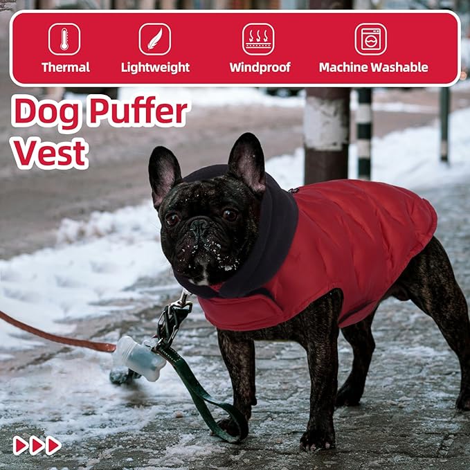 Nanaki Small Dog Puffer Jacket with Leash Hole, Warm Winter Coat Dog Puffer Coat Reflective, Lightweight Windproof Snowsuit for Hiking Walking Outdoor Activities, Halloween Christmas Easy on, Red