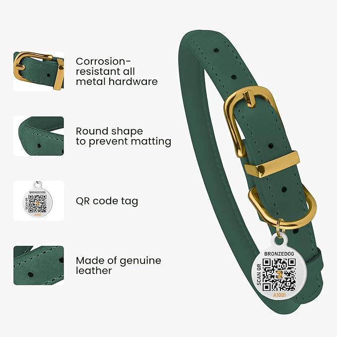 BronzeDog Rolled Leather Dog Collar with QR ID Tag, Adjustable Soft Round Collars for Small Medium Large Dogs Puppy (16" - 19" Neck Size, Emerald Green)