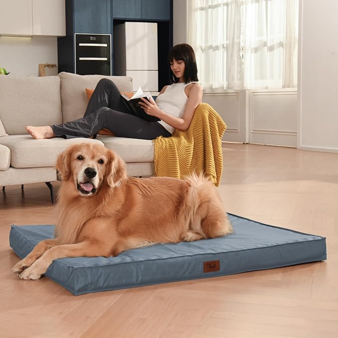 Outdoor Dog Bed for Small Dogs & Cats, Waterproof Dog Crate Mat Orthopedic Egg Crate Foam with Washable Removable Oxford Cover, Blue