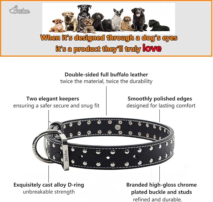 Studded Leather Dog Collar – Durable Adjustable Collar, Brown Medium