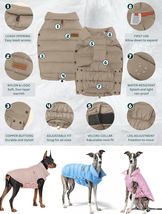 SPACE LION Dog Puffer Jacket, Down Winter Coat, Durable Outdoor Coat for Cold and Windy Conditions, Waterproof, Lightweight Jacket, Adjustable Fit for Small, Medium, Large Dogs(Khaki,24/2XL)