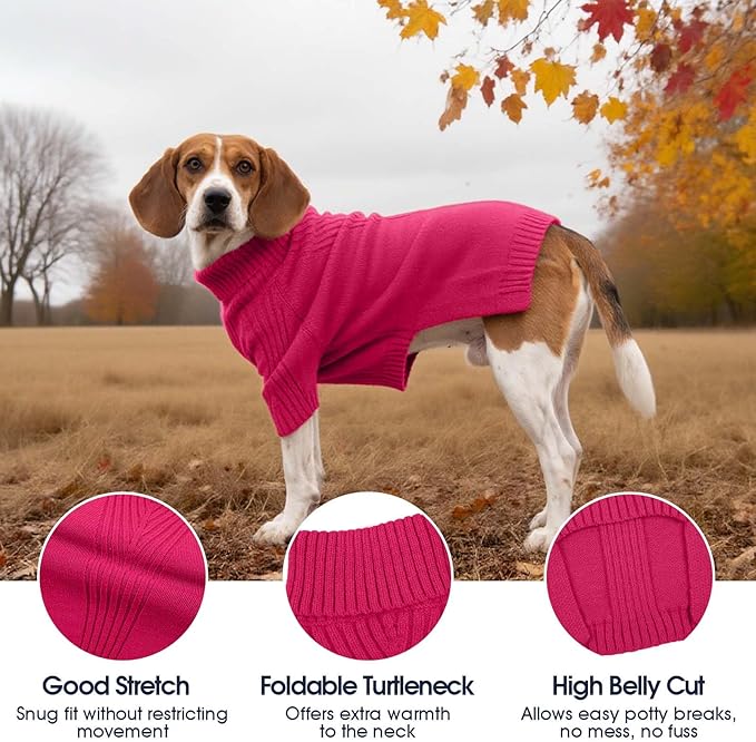 IECOii Dog Sweaters for Medium Dogs Girl Boy,Holiday Knit Doggy Sweatshirt with Sleeve,Turtleneck Thick Warm Dog Sweaters for Winter,Pullover Knitwear for French Bulldog,Boston Terrier (Rose red, L)