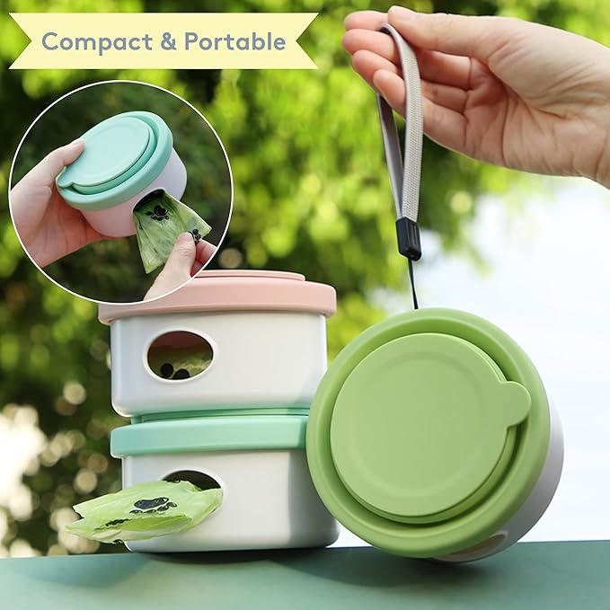 Sweet Paws Travel Hero 3-in-1 Portable Pet Food Container, Silicone Water Bowl, and Poop Bag Dispenser in One, Sea Glass
