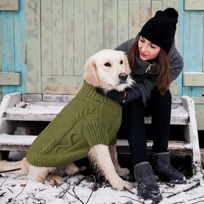 Queenmore Small Dog Pullover Sweater, Cold Weather Cable Knitwear, Classic Turtleneck Thick Warm Clothes for Chihuahua, Bulldog, Dachshund, Pugl,OliveGreen,S