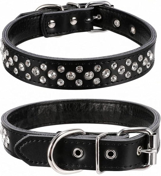 Rhinestones Dog Collar, Adjustable Sparkly Crystal Studded Genuine Leather Pet Dog Collar for Small and Medium Dogs (S, Black)