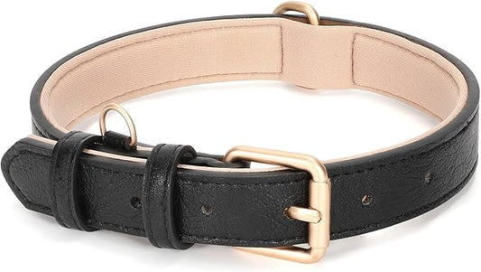 WHIPPY Leather Dog Collar for Small Medium Large Dog Adjustable Soft Breathable Leather Padded Puppy Collar with Alloy Buckle Heavy Duty Waterproof Classic Dog Pet Collar,Black,S