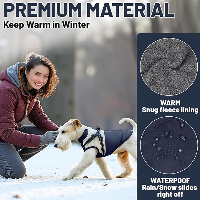 Dog Winter Coat for Small & Medium Dogs (Up to 31lb), Waterproof Dog Coat with Harness, Puppies Windproof Puppy Puffer Jacket, Snowsuit for Dachshund,Frenchie, Corgi (Classic Blue, Small)